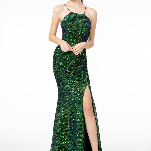 Square Neck Sequined Leg Slit Dress GSGL1812 - Picture 1 of 3